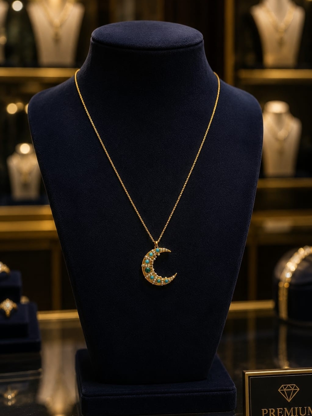 Gold Crescent Moon Pendant Necklace with Turquoise and Green Stones - Picture 6 of 8